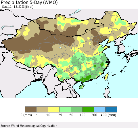 China, Mongolia and Taiwan Precipitation 5-Day (WMO) Thematic Map For 9/11/2023 - 9/15/2023