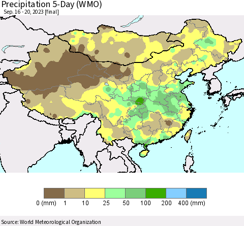 China, Mongolia and Taiwan Precipitation 5-Day (WMO) Thematic Map For 9/16/2023 - 9/20/2023