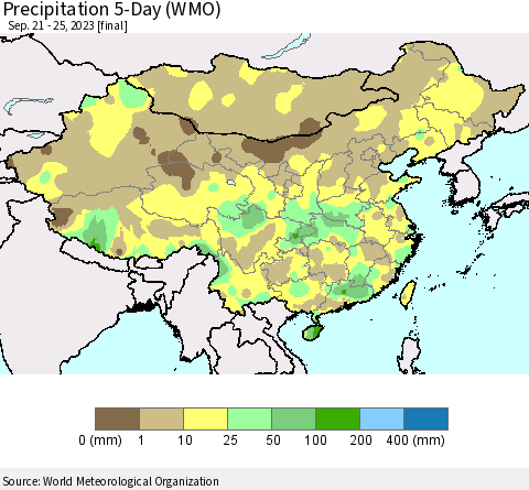 China, Mongolia and Taiwan Precipitation 5-Day (WMO) Thematic Map For 9/21/2023 - 9/25/2023