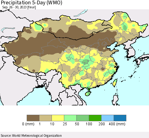 China, Mongolia and Taiwan Precipitation 5-Day (WMO) Thematic Map For 9/26/2023 - 9/30/2023