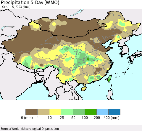 China, Mongolia and Taiwan Precipitation 5-Day (WMO) Thematic Map For 10/1/2023 - 10/5/2023