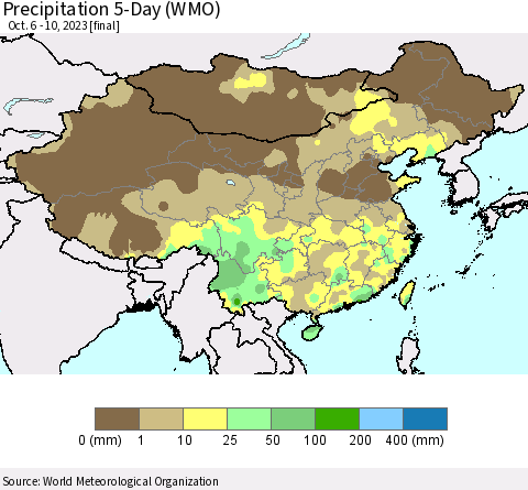China, Mongolia and Taiwan Precipitation 5-Day (WMO) Thematic Map For 10/6/2023 - 10/10/2023