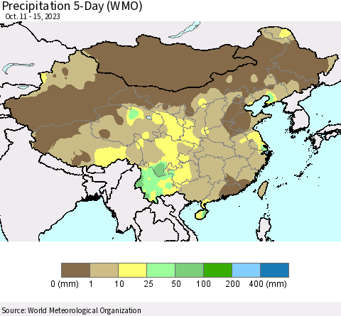 China, Mongolia and Taiwan Precipitation 5-Day (WMO) Thematic Map For 10/11/2023 - 10/15/2023