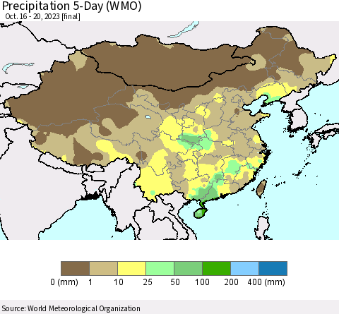 China, Mongolia and Taiwan Precipitation 5-Day (WMO) Thematic Map For 10/16/2023 - 10/20/2023