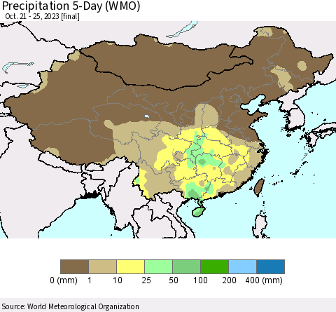 China, Mongolia and Taiwan Precipitation 5-Day (WMO) Thematic Map For 10/21/2023 - 10/25/2023