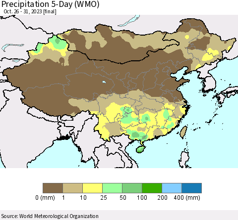 China, Mongolia and Taiwan Precipitation 5-Day (WMO) Thematic Map For 10/26/2023 - 10/31/2023