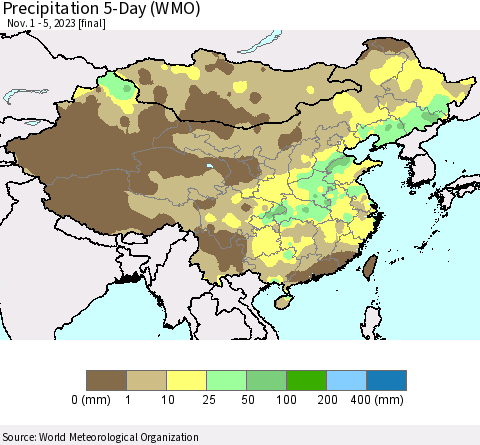 China, Mongolia and Taiwan Precipitation 5-Day (WMO) Thematic Map For 11/1/2023 - 11/5/2023