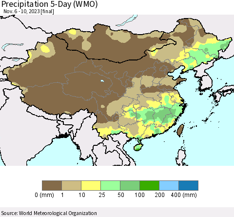 China, Mongolia and Taiwan Precipitation 5-Day (WMO) Thematic Map For 11/6/2023 - 11/10/2023