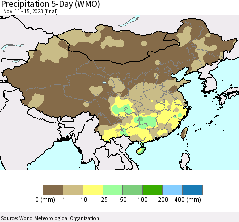 China, Mongolia and Taiwan Precipitation 5-Day (WMO) Thematic Map For 11/11/2023 - 11/15/2023