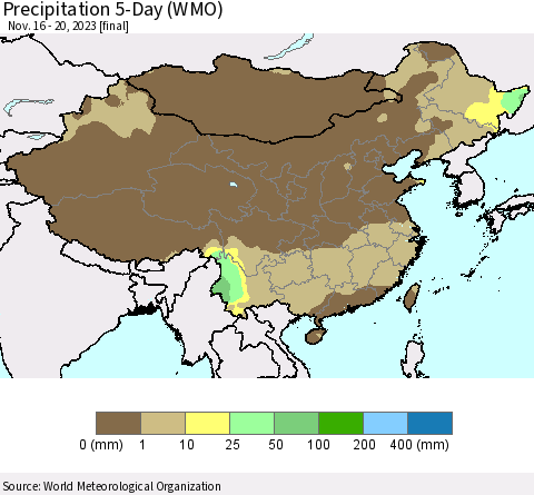 China, Mongolia and Taiwan Precipitation 5-Day (WMO) Thematic Map For 11/16/2023 - 11/20/2023