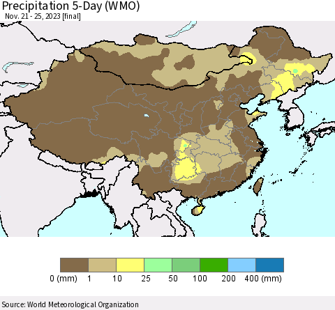 China, Mongolia and Taiwan Precipitation 5-Day (WMO) Thematic Map For 11/21/2023 - 11/25/2023