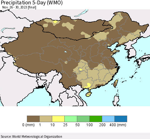 China, Mongolia and Taiwan Precipitation 5-Day (WMO) Thematic Map For 11/26/2023 - 11/30/2023