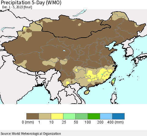 China, Mongolia and Taiwan Precipitation 5-Day (WMO) Thematic Map For 12/1/2023 - 12/5/2023