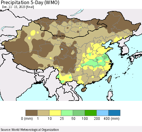 China, Mongolia and Taiwan Precipitation 5-Day (WMO) Thematic Map For 12/11/2023 - 12/15/2023
