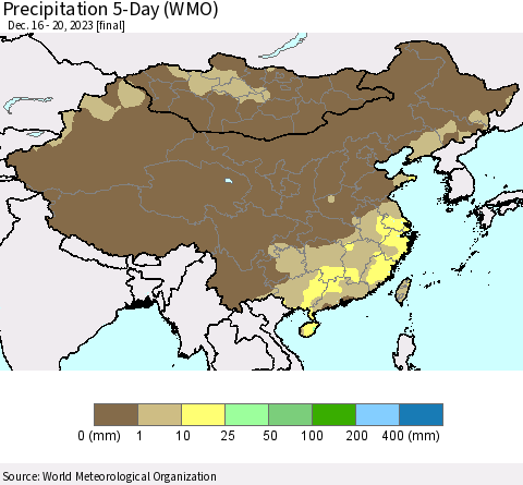 China, Mongolia and Taiwan Precipitation 5-Day (WMO) Thematic Map For 12/16/2023 - 12/20/2023