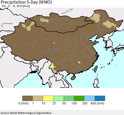 China, Mongolia and Taiwan Precipitation 5-Day (WMO) Thematic Map For 12/21/2023 - 12/25/2023
