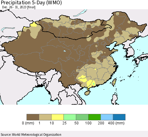 China, Mongolia and Taiwan Precipitation 5-Day (WMO) Thematic Map For 12/26/2023 - 12/31/2023