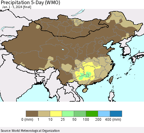 China, Mongolia and Taiwan Precipitation 5-Day (WMO) Thematic Map For 1/1/2024 - 1/5/2024