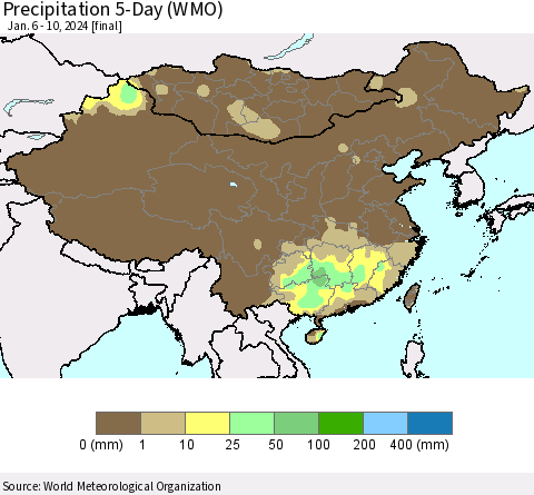 China, Mongolia and Taiwan Precipitation 5-Day (WMO) Thematic Map For 1/6/2024 - 1/10/2024