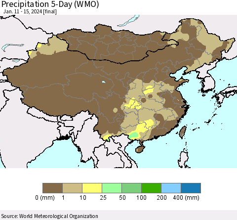 China, Mongolia and Taiwan Precipitation 5-Day (WMO) Thematic Map For 1/11/2024 - 1/15/2024