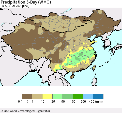 China, Mongolia and Taiwan Precipitation 5-Day (WMO) Thematic Map For 1/16/2024 - 1/20/2024