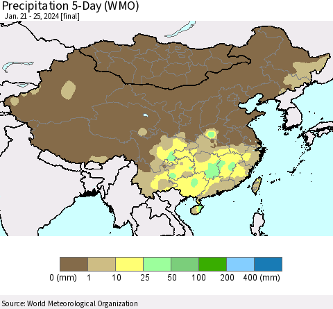 China, Mongolia and Taiwan Precipitation 5-Day (WMO) Thematic Map For 1/21/2024 - 1/25/2024