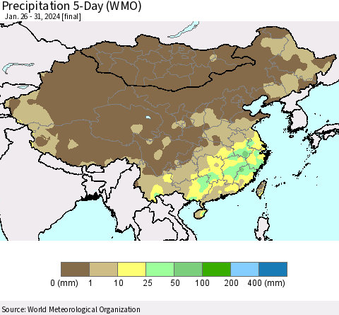 China, Mongolia and Taiwan Precipitation 5-Day (WMO) Thematic Map For 1/26/2024 - 1/31/2024