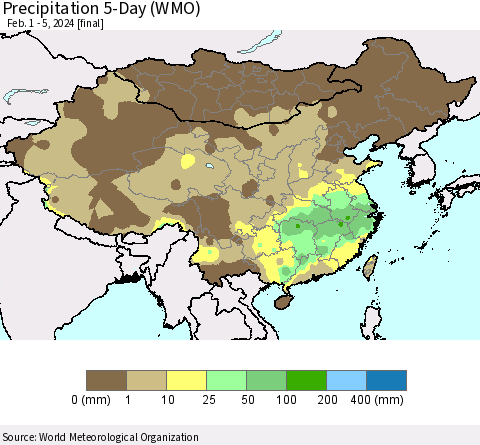 China, Mongolia and Taiwan Precipitation 5-Day (WMO) Thematic Map For 2/1/2024 - 2/5/2024