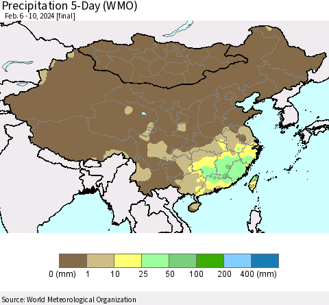 China, Mongolia and Taiwan Precipitation 5-Day (WMO) Thematic Map For 2/6/2024 - 2/10/2024