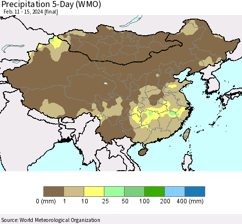 China, Mongolia and Taiwan Precipitation 5-Day (WMO) Thematic Map For 2/11/2024 - 2/15/2024