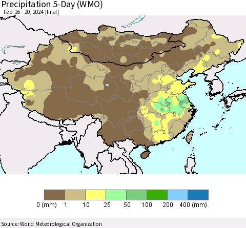 China, Mongolia and Taiwan Precipitation 5-Day (WMO) Thematic Map For 2/16/2024 - 2/20/2024