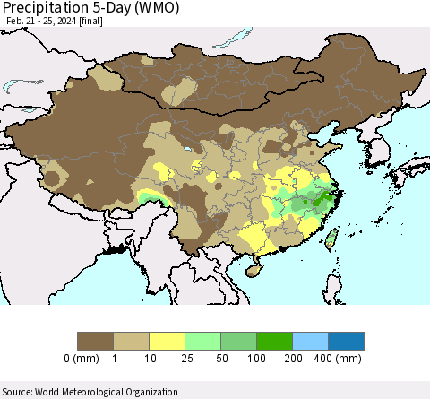 China, Mongolia and Taiwan Precipitation 5-Day (WMO) Thematic Map For 2/21/2024 - 2/25/2024