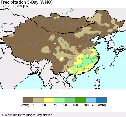 China, Mongolia and Taiwan Precipitation 5-Day (WMO) Thematic Map For 2/26/2024 - 2/29/2024