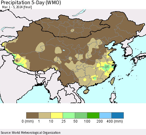 China, Mongolia and Taiwan Precipitation 5-Day (WMO) Thematic Map For 3/1/2024 - 3/5/2024