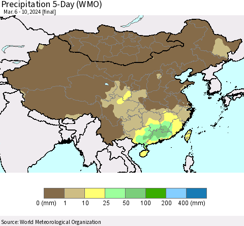 China, Mongolia and Taiwan Precipitation 5-Day (WMO) Thematic Map For 3/6/2024 - 3/10/2024