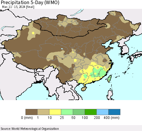 China, Mongolia and Taiwan Precipitation 5-Day (WMO) Thematic Map For 3/11/2024 - 3/15/2024