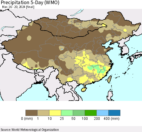 China, Mongolia and Taiwan Precipitation 5-Day (WMO) Thematic Map For 3/16/2024 - 3/20/2024