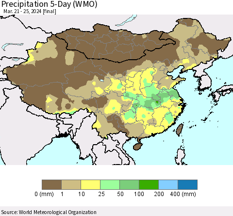 China, Mongolia and Taiwan Precipitation 5-Day (WMO) Thematic Map For 3/21/2024 - 3/25/2024