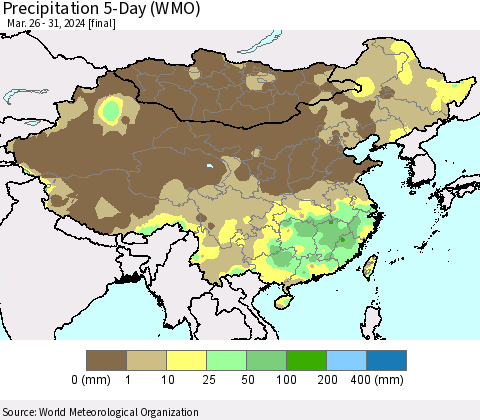 China, Mongolia and Taiwan Precipitation 5-Day (WMO) Thematic Map For 3/26/2024 - 3/31/2024