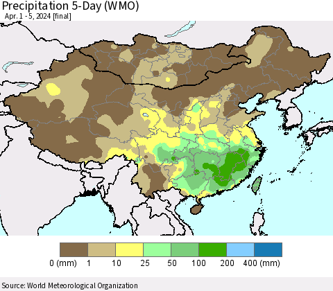China, Mongolia and Taiwan Precipitation 5-Day (WMO) Thematic Map For 4/1/2024 - 4/5/2024