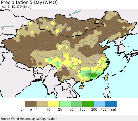 China, Mongolia and Taiwan Precipitation 5-Day (WMO) Thematic Map For 4/6/2024 - 4/10/2024