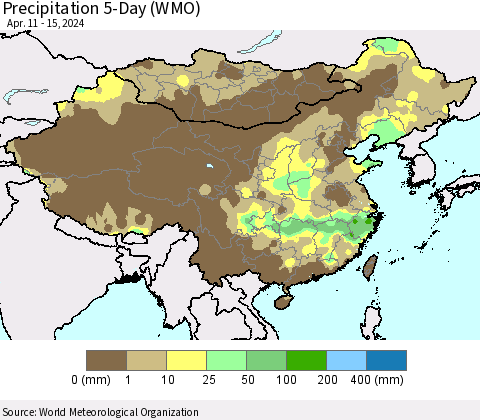 China, Mongolia and Taiwan Precipitation 5-Day (WMO) Thematic Map For 4/11/2024 - 4/15/2024