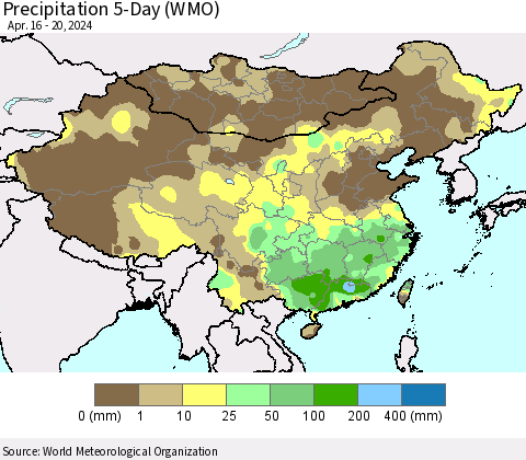 China, Mongolia and Taiwan Precipitation 5-Day (WMO) Thematic Map For 4/16/2024 - 4/20/2024
