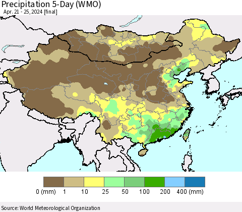 China, Mongolia and Taiwan Precipitation 5-Day (WMO) Thematic Map For 4/21/2024 - 4/25/2024