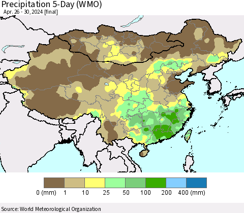 China, Mongolia and Taiwan Precipitation 5-Day (WMO) Thematic Map For 4/26/2024 - 4/30/2024