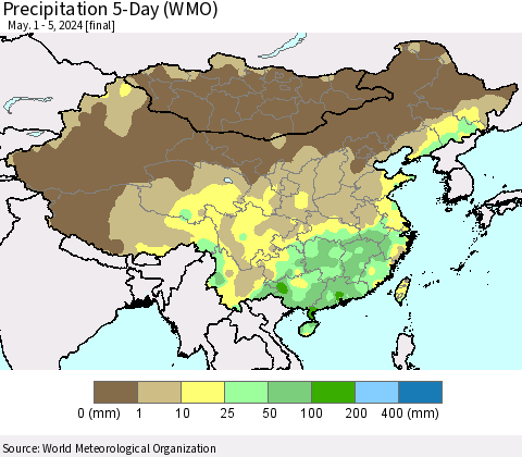 China, Mongolia and Taiwan Precipitation 5-Day (WMO) Thematic Map For 5/1/2024 - 5/5/2024