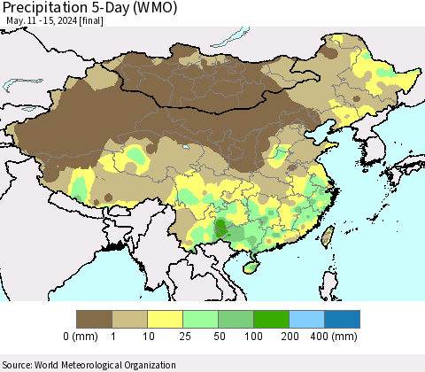 China, Mongolia and Taiwan Precipitation 5-Day (WMO) Thematic Map For 5/11/2024 - 5/15/2024