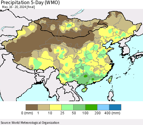 China, Mongolia and Taiwan Precipitation 5-Day (WMO) Thematic Map For 5/16/2024 - 5/20/2024