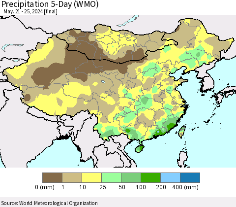 China, Mongolia and Taiwan Precipitation 5-Day (WMO) Thematic Map For 5/21/2024 - 5/25/2024