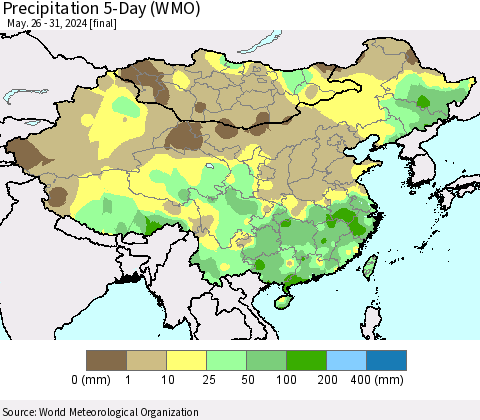 China, Mongolia and Taiwan Precipitation 5-Day (WMO) Thematic Map For 5/26/2024 - 5/31/2024